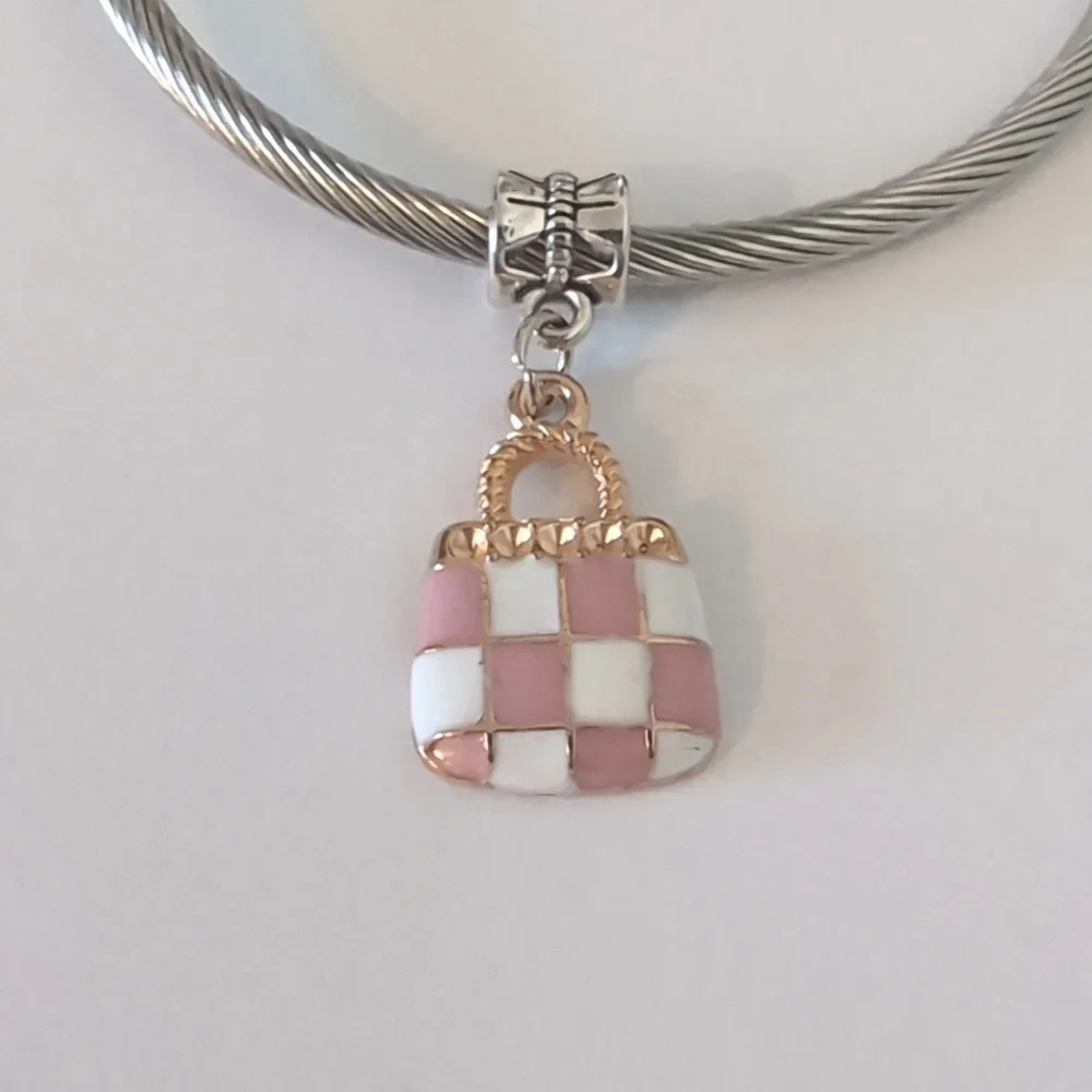 Gold with Pink and White Checkered Purse Dangle Charm for Pandora Style Bracelet